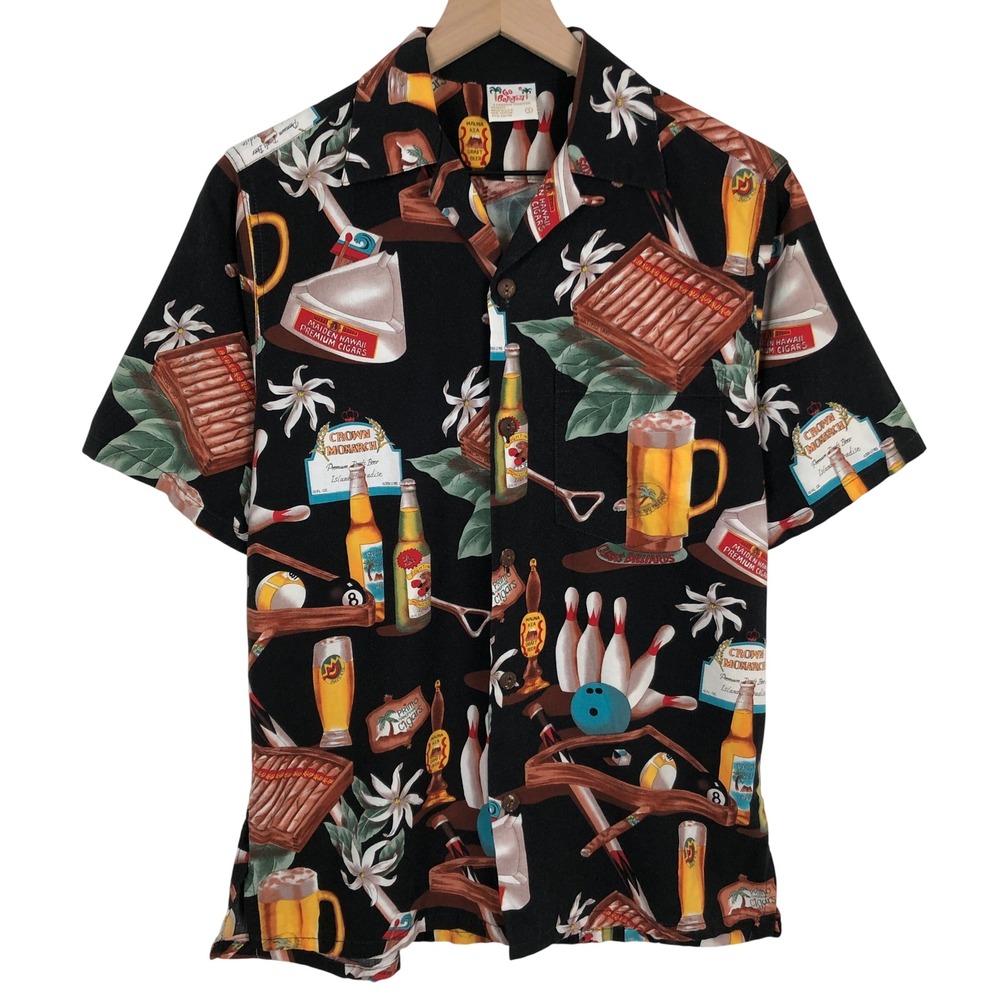 VTG GO BAREFOOT Hawaiian Shirt Men's S Black Bowling Beer Cigar Billiards USA